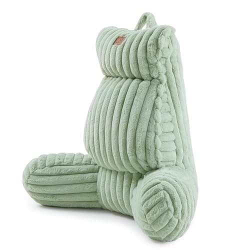 Amélie Home Faux Fur Reading Pillow with Pocket for Sitting in Bed, Adult Backrest Bed Pillow with Washable Cover for Lounging, Watching TV/Gaming/Resting/Post/Surgery/Nursing, Sage Green 29 inches