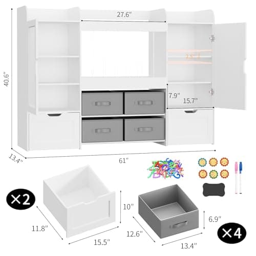 VortinT 61"W Toy Storage Organizer, Kids Bookshelf with 122L Stuffed Animal Storage, 2 Magnetic Drawing Boards, 2 Movable Toy Boxes and 4 Fabric Bins, Wooden Shelf for Kids Room/Playroom/Living Room - Thumbnail 3