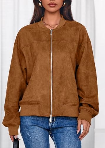 Lazysmile Women's Faux Suede Bomber Jackets Fall Fashion Outfits Winter Clothes Stand Collar Zip Up Coats Outwear with Pockets - Thumbnail 6