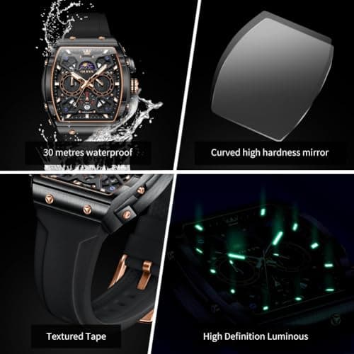 OLEVS Black Watches for Men Luxury Fashion Tonneau Square Large Face Skeleton Mens Watches Rubber Moon Phase Date Waterproof Multifunctional Chronograph Metal Men's Watch Reloj para Hombre - Thumbnail 5