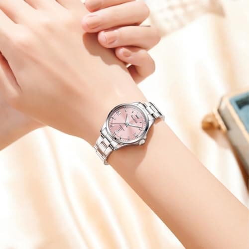 OLEVS Watches for Women, Luxury Analog Quartz Women's Watch with Pink Dial, Silver Stainless Steel Bracelet, Waterproof Ladies Wrist Watch with Date Window - Thumbnail 2