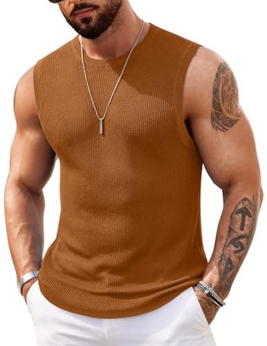 COOFANDY Mens Casual Knit Tank Tops Lightweight Sleeveless Tshirts Beach Tank Shirts Brown - Image 1