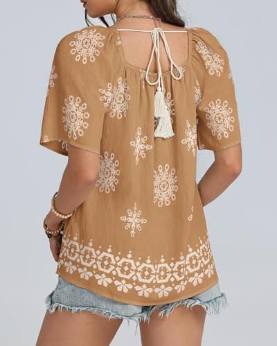 IEEILULU Boho Tops for Women Summer Square Neck Floral Print Loose Fit Blouses Tunic Casual Beach Vacation Shirts Yellow White XL - Thumbnail 2