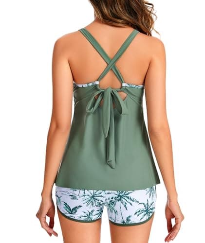 MFAVIP Tankini Swimsuits for Women 2026, Tummy Control Two Piece Bathing Suits, Blouson Tank Tops with Board Shorts Military Green - Thumbnail 2