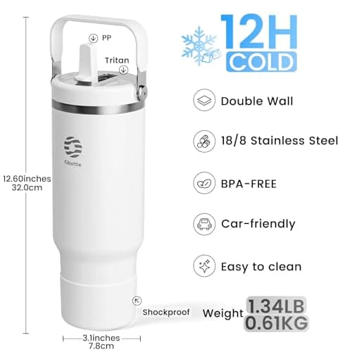 Fjbottle Insulated Stainless Steel Coffee Tumbler with Flip Straw, 40 Oz Hot Coffee Cup Travel Mug, Ice Cube Water Flask Leak Resistant Lightweight for Traveling & Home, Casual, White - Thumbnail 2