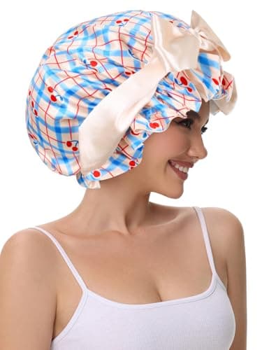 Vettres Cute Adjustable Silk Bonnet for Sleeping Double Layer Satin Cap Hair Sleep Bonnet for Curly Hair Cherry Blue - Thumbnail 6