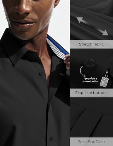 PJ PAUL JONES Mens Short Sleeve Button Down Shirts Wrinkle Free Untucked Dress Shirts for Men Stretch Collared Shirt Solid Regular Fit Black - Thumbnail 3