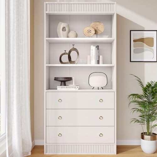 GarveeHome Bookshelf with Drawers 70.8" Fluted Bookcase, White Bookshelf 6 Tier Bookcase with Storage, Tall Book Shelf with Waved Design, Storage Cabinet with Open Shelf for Living Room Office - Thumbnail 4