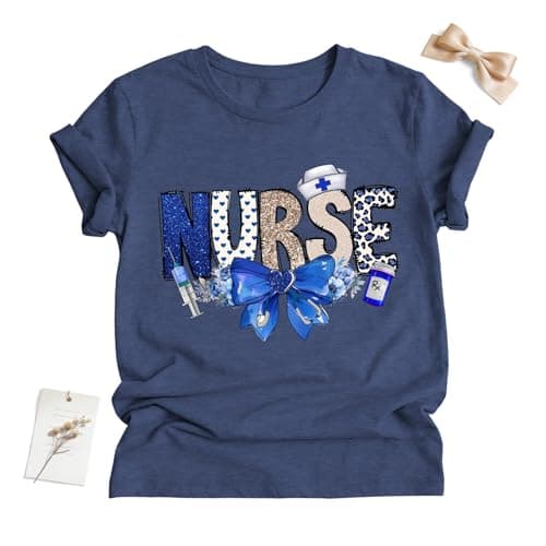 Nurse Shirt for Women Funny Blue Bow Graphic Nursing Tshirt Nurse Appreciation Gift Tops - Thumbnail 4