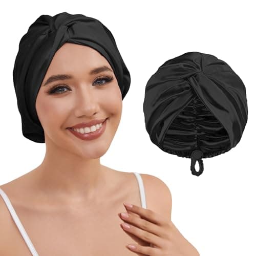 HFRHTGY Adjustable Silk Satin Hair Bonnet for Sleeping Women Hair Wrap, Double Layer Night Turban, Sleep Cap for Natural Curly Straight Unisex - Black - Image 1