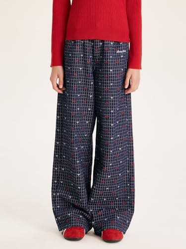 Girls Plaid Wide Leg Pants Retro Heart Pants Navy Blue Girls Trousers for Teens 6-16Y - Thumbnail 2