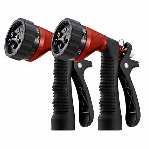 GREEN MOUNT Water Hose Nozzle 2-Pack, Zinc Alloy Garden Spray Nozzle with Adjustable Spray Patterns, Leakproof Rustproof Trigger Lock for Outdoor Cleaning & Car Wash, Red & Red
