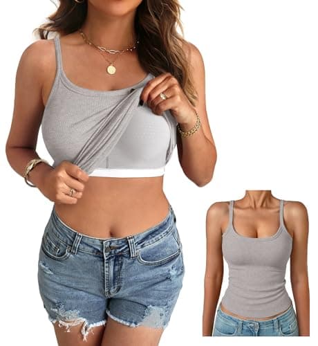 GKBK Women's Sleeveless Built in Bra Tank Top Form Fitting Scoop Neck Ribbed Knit Basic Padded Cami Shirts Dark Green XL - Thumbnail 2