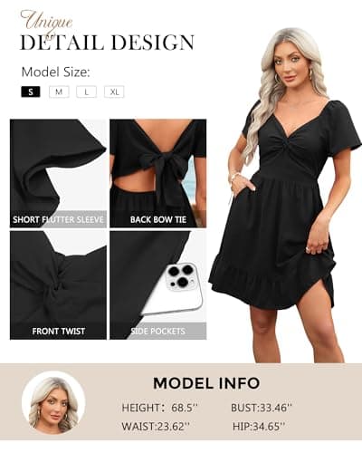 ECOWISH Twist Front Mini Summer Dresses for Women Short Flutter Sleeve Casual Flowy V Neck Tie Back A Line Dress with Pockets 01Black Medium - Thumbnail 5