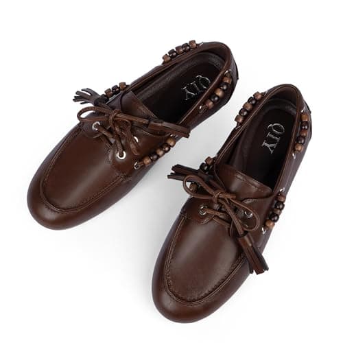 QIY Brown Flats Penny Loafers for Women Fringe Beaded Moccasins Dressy Lace up Driving Loafers Comfortable Lightweight Office Casual Wear Flats Size 9.5 - Thumbnail 5