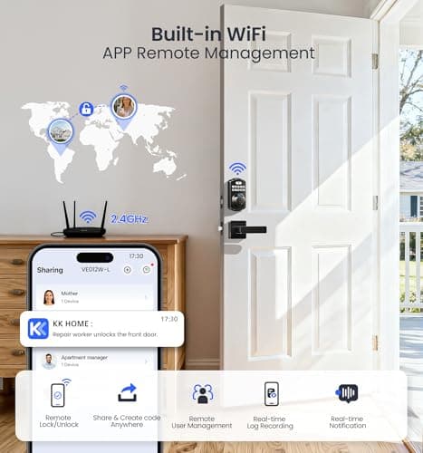 Veise VE012W-L Built-in Wi-Fi Fingerprint Smart Lock with Lever Handle Set, App Remote Control, Keyless Entry for Front Door, Deadbolt Digital Backlit Keypad, Voice Assistant, Auto Lock, Matte Black - Thumbnail 3