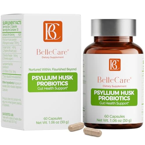 BELLECARE 700mg Psyllium Husk Per Serving Capsules with Probiotic, 60 Capsules, Daily Fiber Supplement for Digestive & Gut Support