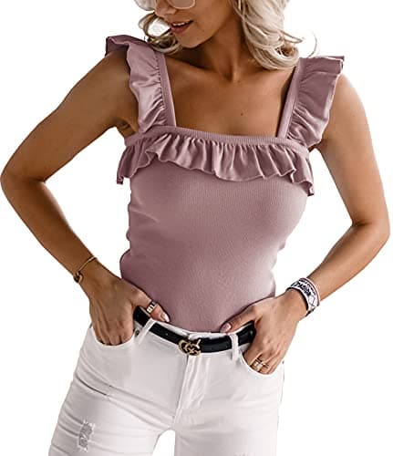 CNJFJ Womens Cute Sleeveless Tank Tops Ruffle Strap Square Neck Blouse Solid Color Knitted Camisole Pink - Image 1