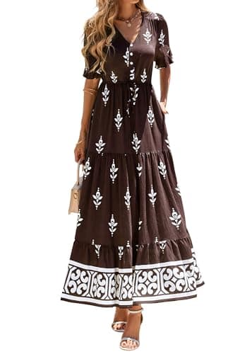 BTFBM Womens Summer Dresses 2026 Spring Casual Short Sleeve v Neck Boho Floral Flowy A-Line Tiered Maxi Dress Pockets(Floral Coffee White, Small) - Thumbnail 2