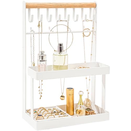 Lolalet 4-Tier Jewelry Organizer Stand with 12 Hooks, Necklace Bracelet Ring & Sunglasses Holder, Cute Metal Jewelry Storage Rack for Vanity, Dresser or Entryway, No Assembly -White - Image 1
