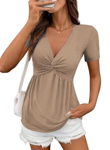 Acelitt Women Fashion 2026 Casual Summer V Neck Twist Front T Shirts Short Sleeve Tunic Tops Ruffle Flowy Tees Solid Khaki Large - Image 1