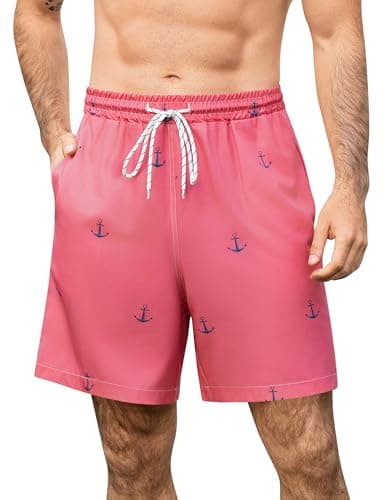Aprolive Board Shorts for Men No Liner Swim Shorts Athletic Workout Gym Shorts with Zipper Pockets(Pink Anchor,Large) - Image 1