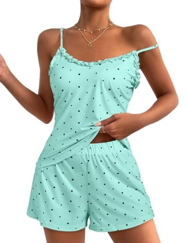 JUSTFASHIONNOW Womens Pajama Sets Shorts Cute Tank Top Shorts Set Ruffle Polka Dots Pj 2 Piece Summer V Neck Pajama Soft Lingerie Sleepwear (Green,X-Large) - Thumbnail 2