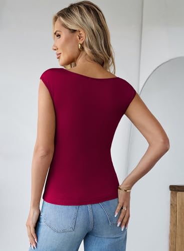 Pink Queen Going Out Tops for Women Sleeveless Ruched Slim Fitted Stylish T-Shirts with Buckle Decor Red Dahlia L - Thumbnail 6