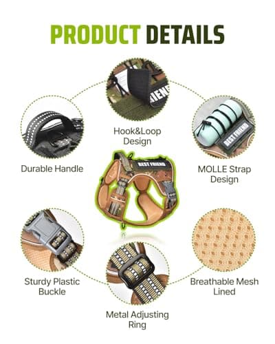 Tactical Dog Harness No-Pull Military Vest for Medium & Large Dogs, Adjustable Reflective Escape-Proof Vest with MOLLE System, Handle Control for Training, Walking, Outdoor – Camo - Thumbnail 4