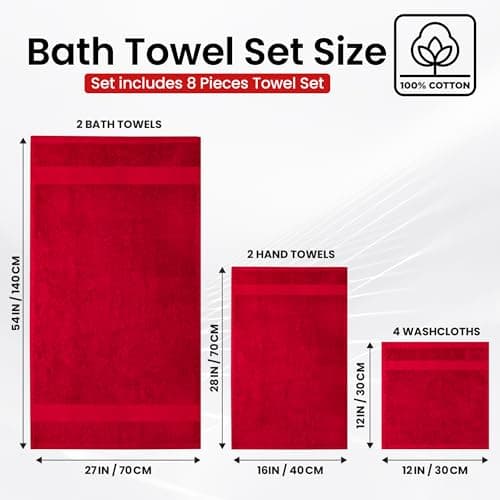 Infinitee Xclusives Luxury 100% Cotton Towel Set – 8 Piece Bathroom Towel Set (2 Bath Towels, 2 Hand Towels, 4 Washcloths) – Soft & Absorbent Towels for Bathroom (Intimate Red) - Thumbnail 3