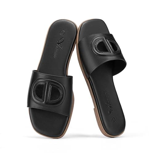 Athlefit Black Flat Sandals for Women Square Open Toe Comfortable Slip On Summer Beach Slide Sandals Size 5.5 - Thumbnail 6