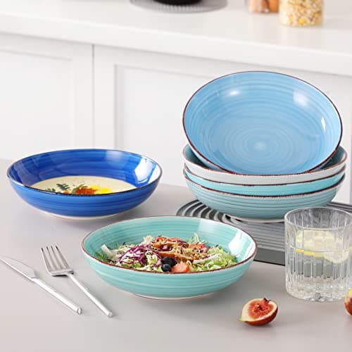 vancasso Bonita 38 oz Ceramic Pasta Bowls Set of 6, Microwave & Dishwasher Safe, 8.5 Inch Elegant Shallow Bowls Set for Pasta, Salad, & Soup – Large Capacity Pasta Plates Sets, Blue - Thumbnail 6