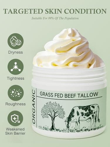 Beef Tallow, Tallow Face Moisturizer, Beef Tallow for Skin, Unscented 100% Organic Beef Tallow Blam Grass Fed Finished Whipped Tallow Face Cream Moisturizer Body Lotion Skin Care for Sensitive Skin - Thumbnail 4