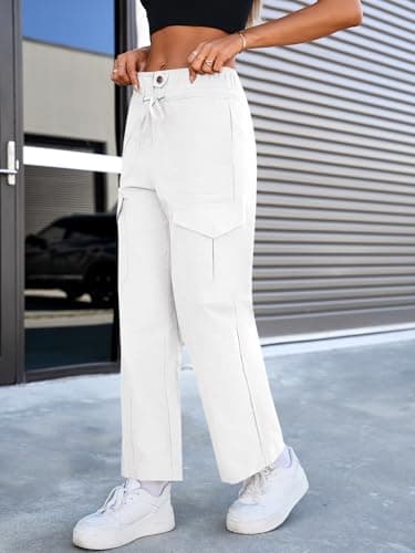 Cicy Bell Womens Cotton Cargo Pants Low Rise Drawstring Waist Wide Leg Casual Hiking Pants with Multiple Pockets White - Thumbnail 2