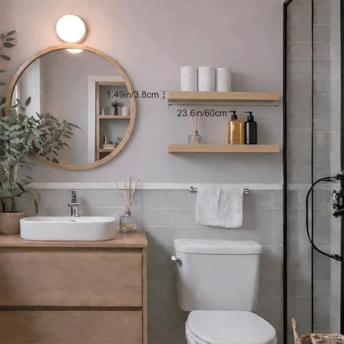 Modcraft Floating Shelves for Wall 24 Inch (Set of 2), 7.1" Deep Wide Wall Mounted Shelf for Bathroom Organizer Over Toilet, Modern Wood Storage Shelving for Bedroom Kitchen Living Room, Oak - Thumbnail 2