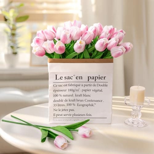 U'Artlines 30Pcs Fake Tulips Artificial Flowers with Stems Faux Tulips Bouquet Real Touch Flower for Wedding Home Kitchen Spring Easter Mother's Day Floral Arrangement Decor (Light Pink) - Thumbnail 5