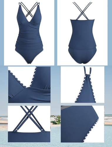ZAFUL Tankini Swimsuits for Women 2026 Two Piece Swimsuits High Waisted Bathing Suit Shell Stitch Push Up Swim Top for Women Summer Party (Blue XL) - Thumbnail 5
