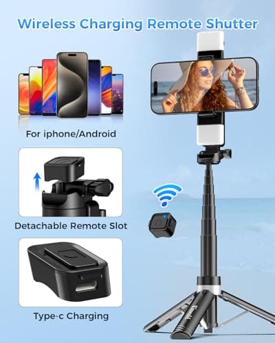 Kinwald 3-in-1 Phone Tripod with LED Lights & Remote, Extendable Selfie Stick Tripod Stand, Compact Portable with Bluetooth Remote for iPhone/Android Vlogging & Photography (Black) - Thumbnail 6