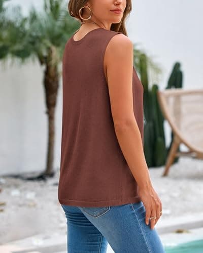 BTFBM Sleeveless Sweater Tops for Women 2026 Crew Neck Lightweight Casual Loose Tank Summer Outfits Fashion Clothing(Light Brown, Small) - Thumbnail 3