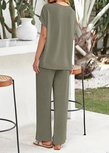 KIRUNDO 2 Piece Sets for Women Dressy Casual Ribbed Knit Short Sleeve Tops Wide Leg Pants Lounge Set Travel Airport Outfits(Sage Green, Small) - Thumbnail 2