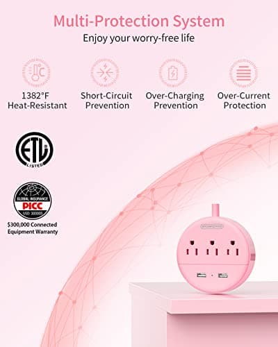 Pink Extension Cord 15ft, NTONPOWER Flat Plug Power Strip with Long Extension Cord, 3 Outlet 2 USB Desktop Charging Station Wall Mount for Home, Dorm Room, Office and Nightstand, ETL Listed - Thumbnail 6