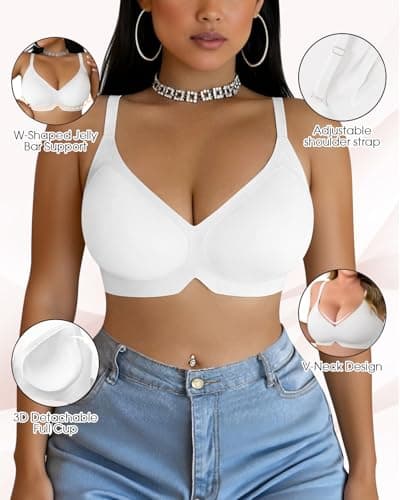 LIIJOO Seamless Wireless Full Coverage Women Bra • Jelly Band Lift • Cross-Back Option • Wide Strap • Breathable Stretch • Everyday T-Shirt Comfort（Ivory, 3XL） - Thumbnail 3