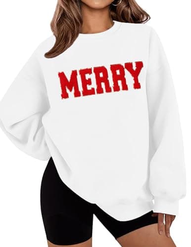LETSEE Christmas Sweatshirts for Women Cute Merry Chenille Patch Crewneck Graphic Oversized Pullover Tops, White, Large - Image 1