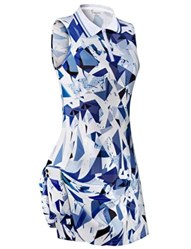 FREEYE Summer Tennis Outfits Golf Apparel Sleeveless Dress with Shorts Pocket, Workout Athletic Active Exercise Cooling Shirts Outdoor Sportswear Travel Tank Top Geometric White Blue X-Large - Image 1