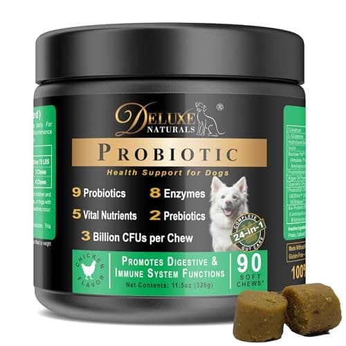 Deluxe Naturals Probiotic Soft Chews for Dogs – 90 Count – Digestive & Immune Support with 9 Probiotics, 8 Enzymes, 2 Prebiotics & 5 Vital Nutrients – Chicken Flavor
