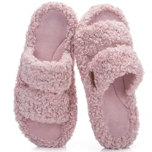BOVTY Women's Fuzzy Open-toe Bowknot & Double-Strap Slippers, Memory Foam Non-Slip Indoor House Slides - Image 1