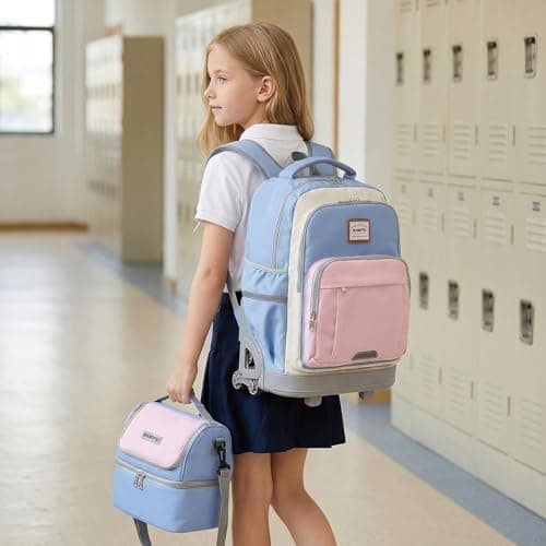 BAMIFEI 18 Inch Blue Pink Rolling Backpack for Girls, Climb Stairs Kids Rolling Backpack Carry On Wheeled School Backpack, Spacious Multiple Compartments Quiet Wheels Travel Backpack for Kids - Thumbnail 5