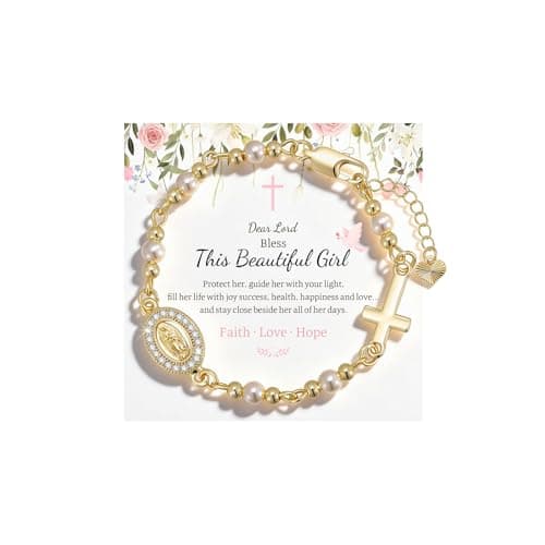 Catholic Crucifix Rosary Bracelet Gifts for Women-14K Gold Plated Simulated Pink Pearl Rosary Beads Virgin Mary Jesus Cross Charm Link Chain, Virgen de Guadalupe Religious Gift for Confirmation Baptism - Image 1