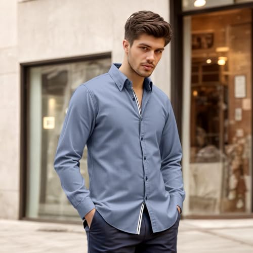 Men’s Casual Untucked Button Down Shirt Long Sleeve Stylish Business Casual Dress Shirts for Men Blue - Thumbnail 2