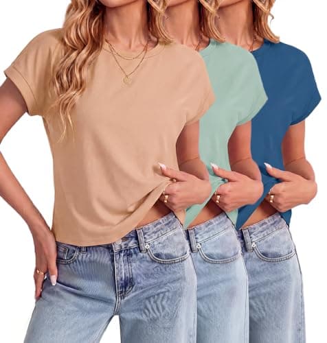 JINKESI 3 Pack Women Cap Sleeve Crop Tops Basic T Shirts Casual Crewneck Loose Fit Tee Summer Trendy Outfits Clothes Khaki,Gray Green,Blue,Medium - Image 1